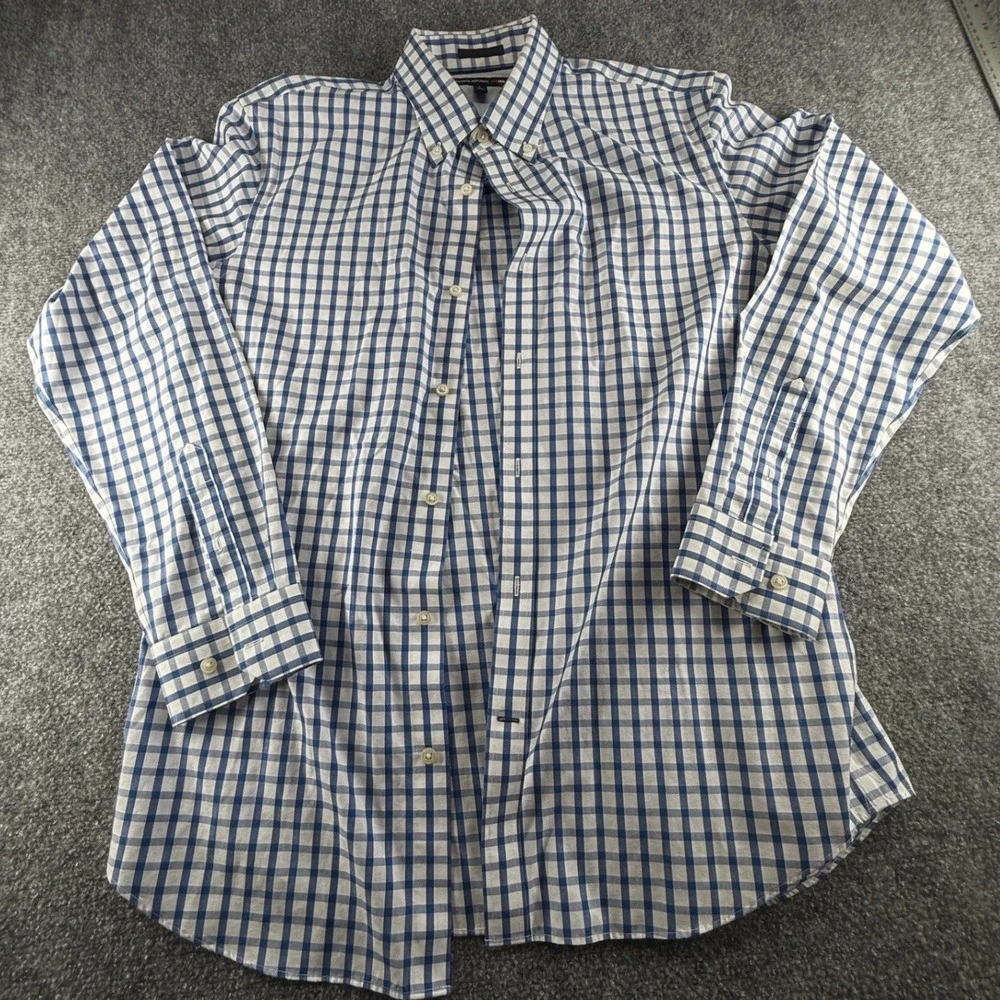 Banana Republic Mad Men Slim Fit Gingham Blue White Dobby Button Down Shirt L